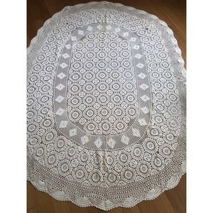 Vintage Handmade Crochet Oval Tablecloth 70" x 54" Ivory